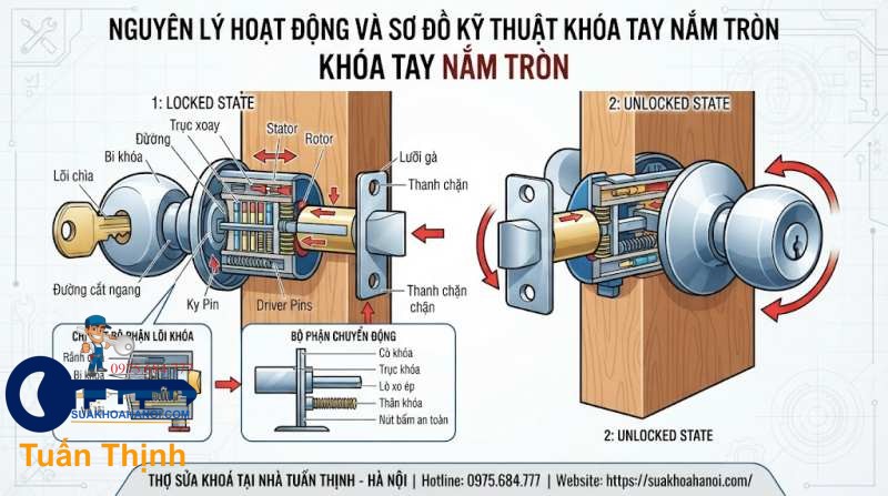 nguyên lý hoạt động của khóa tay nắm tròn