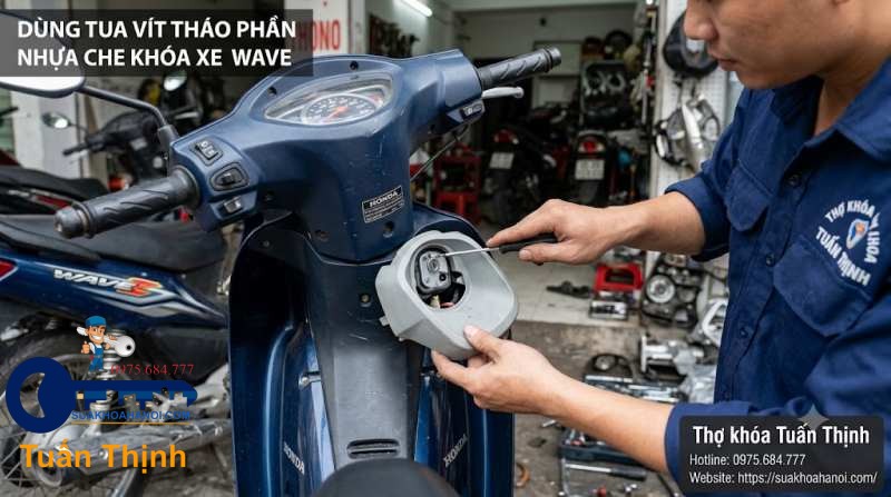 dùng tua vit tháo phần nhựa che ổ khóa