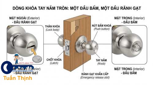 khóa tay nắm tròn 1 đầu bấm 1 đầu rãnh