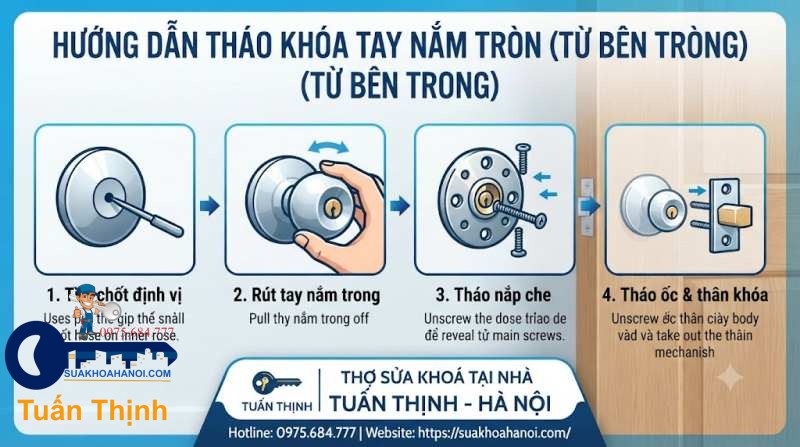 cách tháo khóa tay nắm tròn từ bên trong